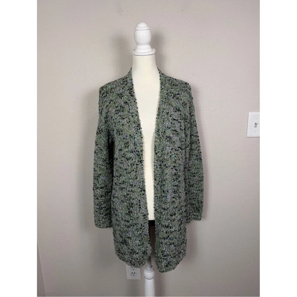 J. Jill Open Front Cardigan Sweater Green Speckled Knit Cozy Layer Women XS